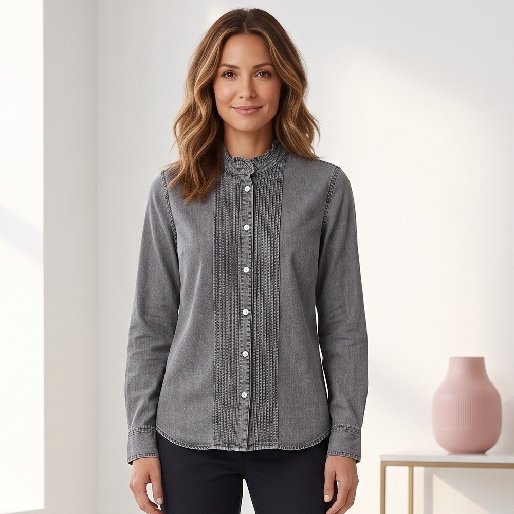 Gap Denim Ruffle Collar Shirt Medium Grey Pintuck Pleat Jewel Button Top Blouse